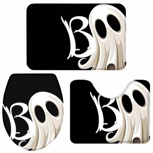 LooPoP Halloween-Badezimmerteppiche und -matten-Set, 3-teilig, schwarz, Geister-Badeset, rutschfester Badteppich-Set mit U-förmigem Teppich, niedlicher Boo gruselige Kontur, Toilettenvorleger für von LooPoP