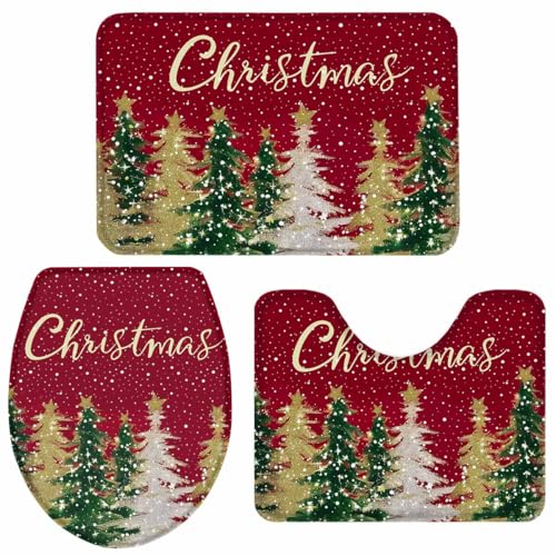 LooPoP Weihnachtliche Badezimmerteppiche und -matten, 3-teilig, goldener Weihnachtsbaum, Badezimmer-Set, rutschfester Badteppich-Set mit U-förmigem Teppich, Kontur-WC-Vorleger für Badezimmer, Boden LooPoP Weihnachtliche Badezimmerteppiche und -matten, 3-teilig, goldener Weihnachtsbaum, Badezimmer-Set, rutschfester Badteppich-Set mit U-förmigem Teppich, Kontur-WC-Vorleger für Badezimmer, Boden von LooPoP