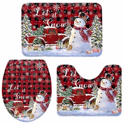Weihnachtliche Badezimmerteppiche und -matten, 3-teiliges Set, Schneemann, LKW, Badezimmer-Set, rutschfest, mit U-förmigem Teppich, roter Büffel, kariert, WC-Vorleger für Badezimmer, Boden, Weihnachtliche Badezimmerteppiche und -matten, 3-teiliges Set, Schneemann, LKW, Badezimmer-Set, rutschfest, mit U-förmigem Teppich, roter Büffel, kariert, WC-Vorleger für Badezimmer, Boden, von LooPoP