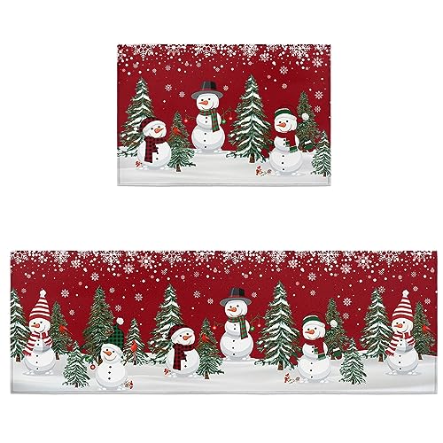 Weihnachts-Schneemann-Küchenmatten für Boden, gepolstert, Anti-Müdigkeit, 2-teiliges Set, Küchenläufer, Teppiche, rutschfest, waschbar, Rot und Weiß von LooPoP