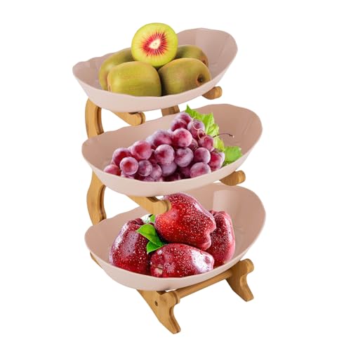 Obst Etagere 3 Stöckige Obstschale Obstteller Bambusholz Obstschale für Küche Gemüse Obst Ständer für Salat Snacks Brot Süßigkeiten Gemüse Lagerung (Beige) von Loobiiny