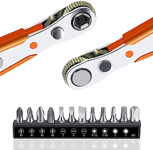 Loofu Magnetisches Schraubendreher-Set, 12 Stück, 11,4 cm, 1/4 Zoll Mini-Ratschenschlüssel, 12 Schraubendreher-Bits mit 1/4-Zoll-Antrieb, hohes Drehmoment, versetzt, umkehrbarer von Loofu
