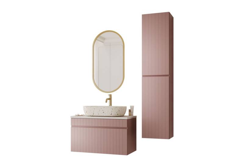 Lookway Badmöbel-Set FLORIS Badezimmer-Set mit Terrazzo Waschbecken und Hochschrank, (Badezimmer-Set mit wählbarem Spiegel, Becken und Armatur), Breite: 80 cm von Lookway