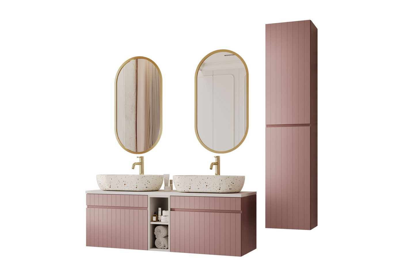 Lookway Badmöbel-Set FLORIS II Badezimmer-Set mit Terrazzo Waschbecken und Hochschrank von Lookway
