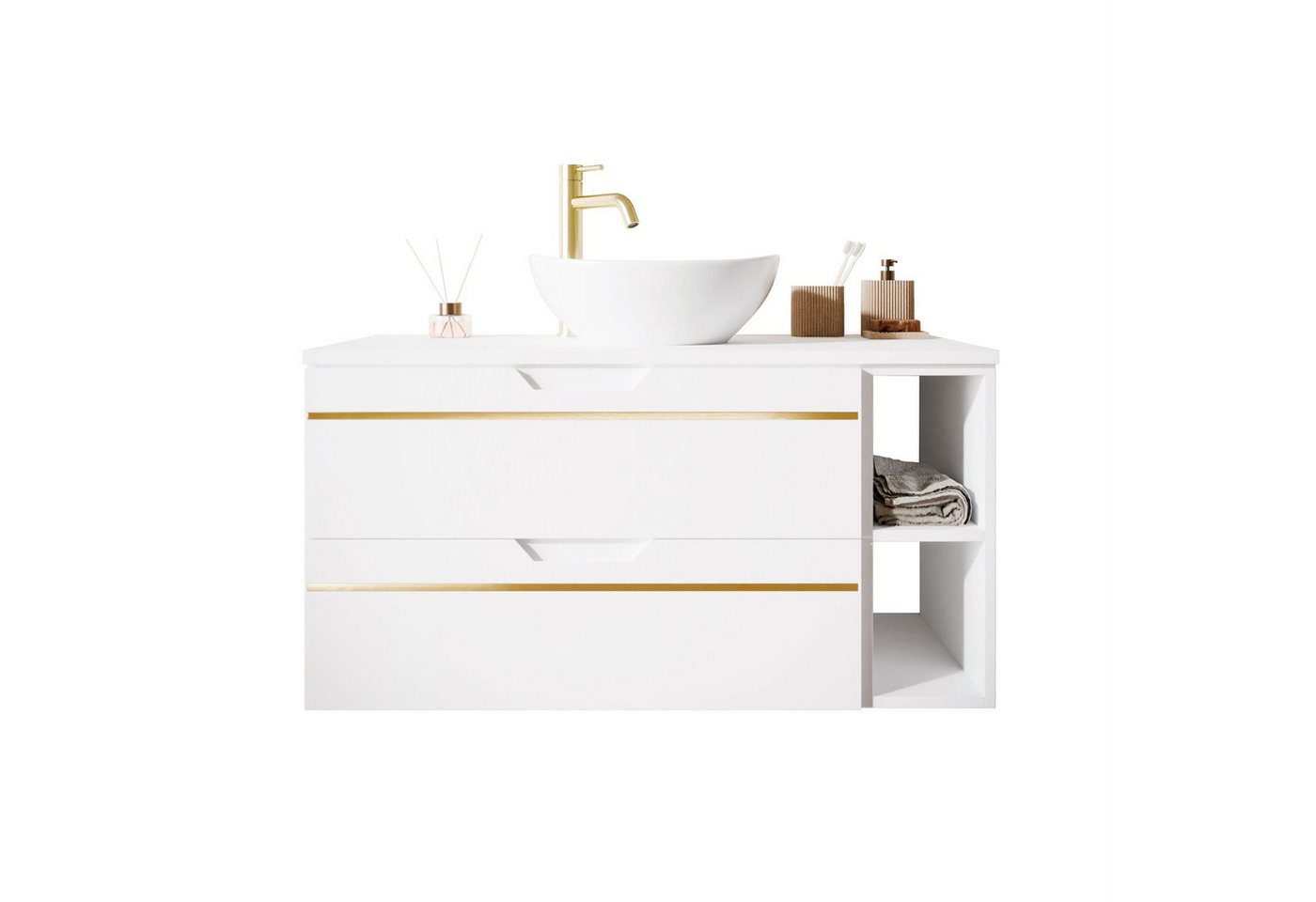 Lookway Badmöbel-Set OPIUM II Hängeschrank Weiß matt mit Soft-Close, (Badezimmerschrank mit wählbarem, Becken und Armatur), mit Soft-Close-System von Lookway