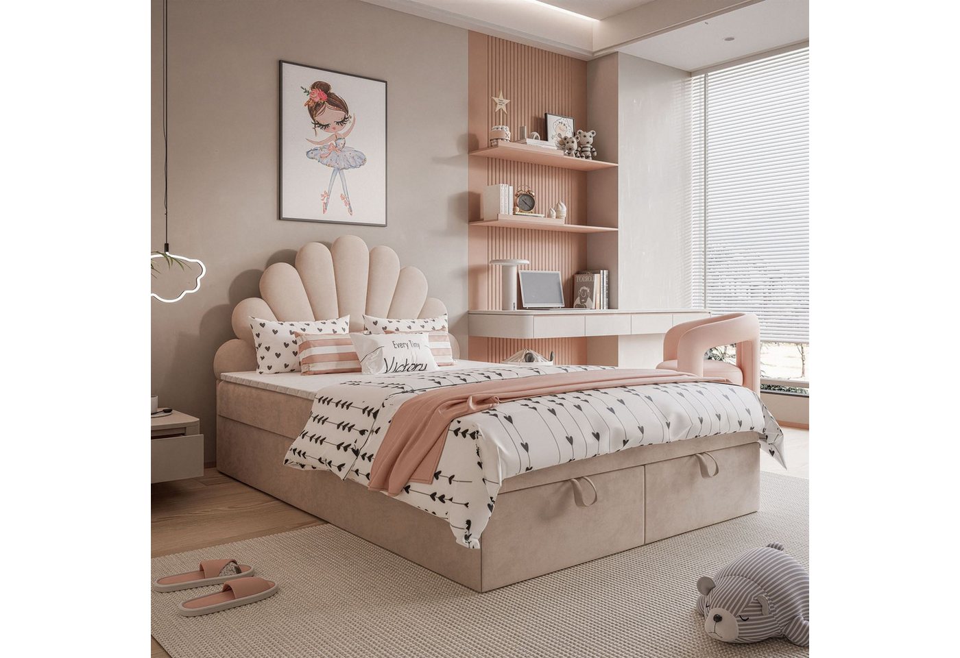 Lookway Boxspringbett ASHLEY Polsterbett mit Muschel-Kopfteil und Bettkasten (Boxspringbett mit Topper), gepolstertes Kopfteil von Lookway
