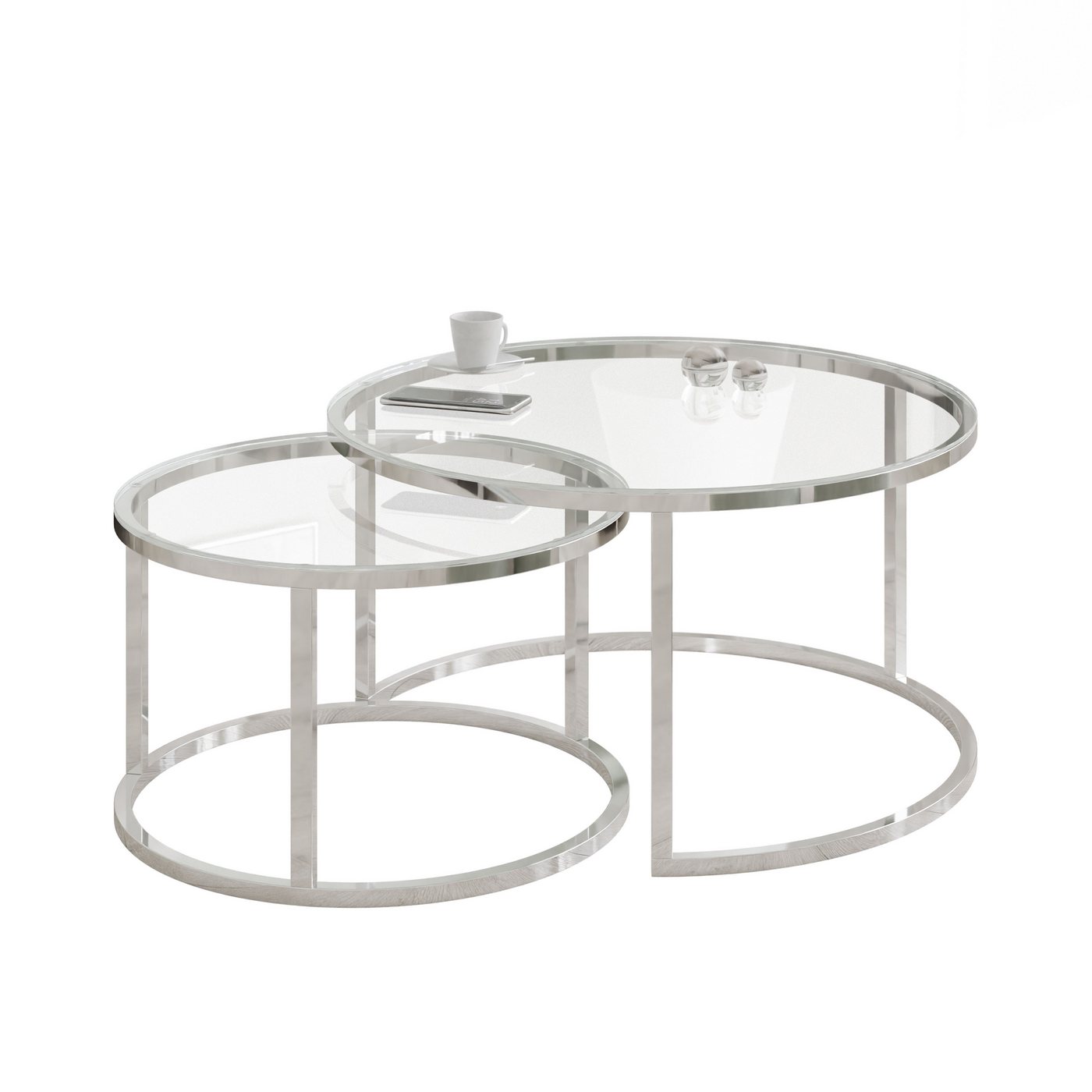 Lookway Couchtisch CIRI 2in1 GLASS mit Chrom Gestell (2er Set), Durchmesser: ⌀70 cm und ⌀50 cm von Lookway