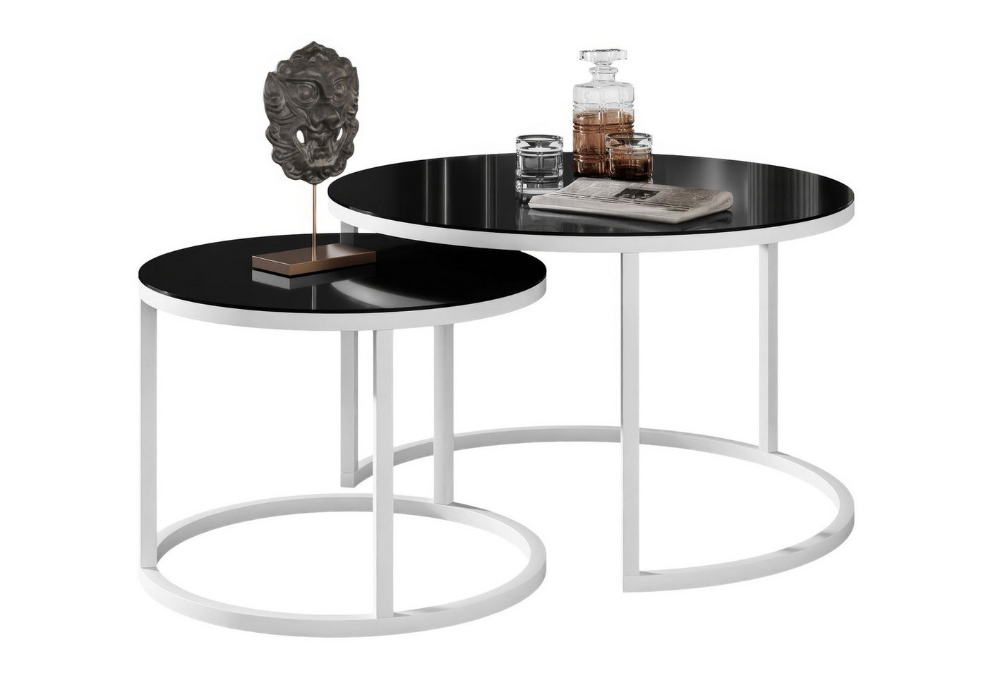 Lookway Couchtisch CIRI 2in1 GLASS mit schwarzem und weißem Gestell (2er Set), Durchmesser: ⌀70 cm und ⌀50 cm von Lookway