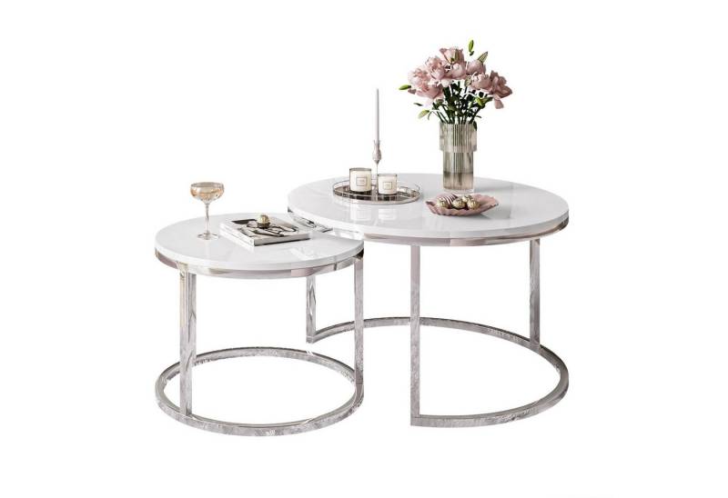 Lookway Couchtisch CIRI 2in1 Hochglanz Chrom Gestell Runder Tisch (2er Set) von Lookway