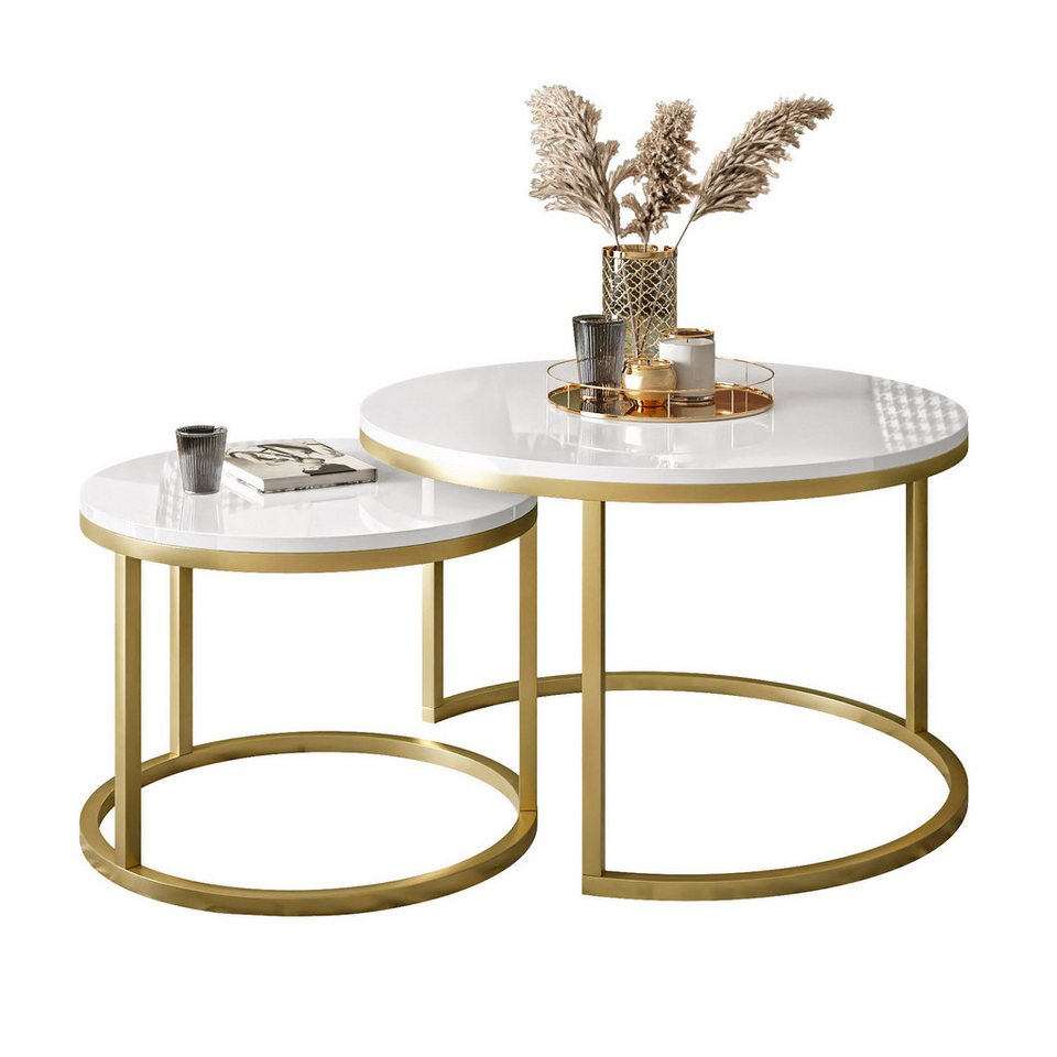 Lookway Couchtisch CIRI 2in1 Hochglanz mit Gold Matt Gestell, Runder Tisch (2er Set), Durchmesser: ⌀70 cm & ⌀50 cm und Durchmesser: ⌀80 cm & ⌀60 cm von Lookway