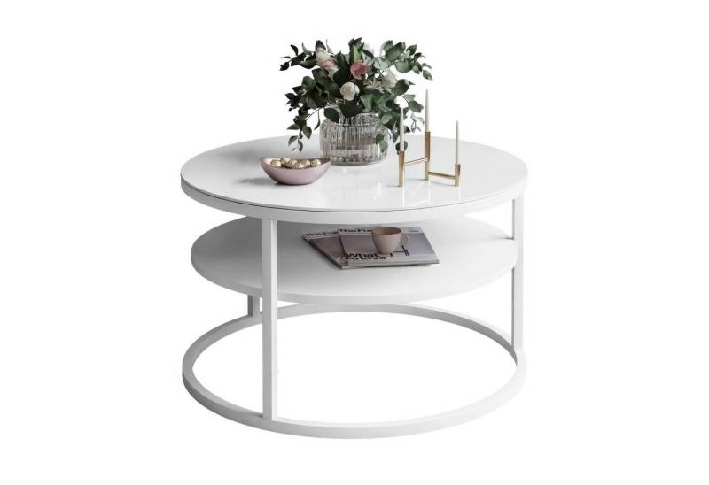 Lookway Couchtisch CIRI GLASS 60 mit weißem Gestell und Ablage (1 Tische), Durchmesser: ⌀ 60 cm von Lookway