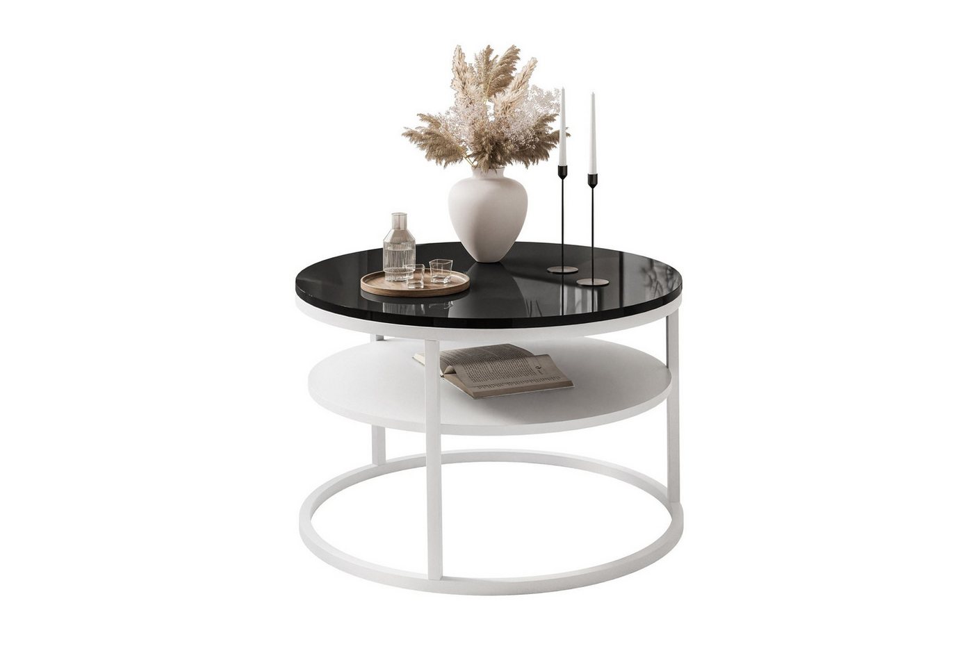 Lookway Couchtisch Ciri 60 mit Ablage, weißem Gestell und Hochglanzplatte (1 Tische), Durchmesser: ⌀60 cm von Lookway