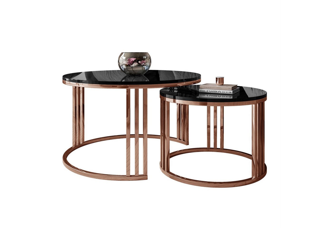 Lookway Couchtisch LORI 2in1 Couchtisch-Set in Hochglanz mit Kupfergestell (2er Set), Durchmesser: ⌀70 cm und ⌀50 cm von Lookway