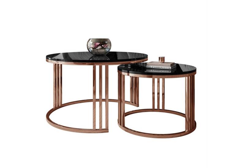 Lookway Couchtisch LORI 2in1 Couchtisch-Set in Hochglanz mit Kupfergestell (2er Set), Durchmesser: ⌀70 cm und ⌀50 cm von Lookway