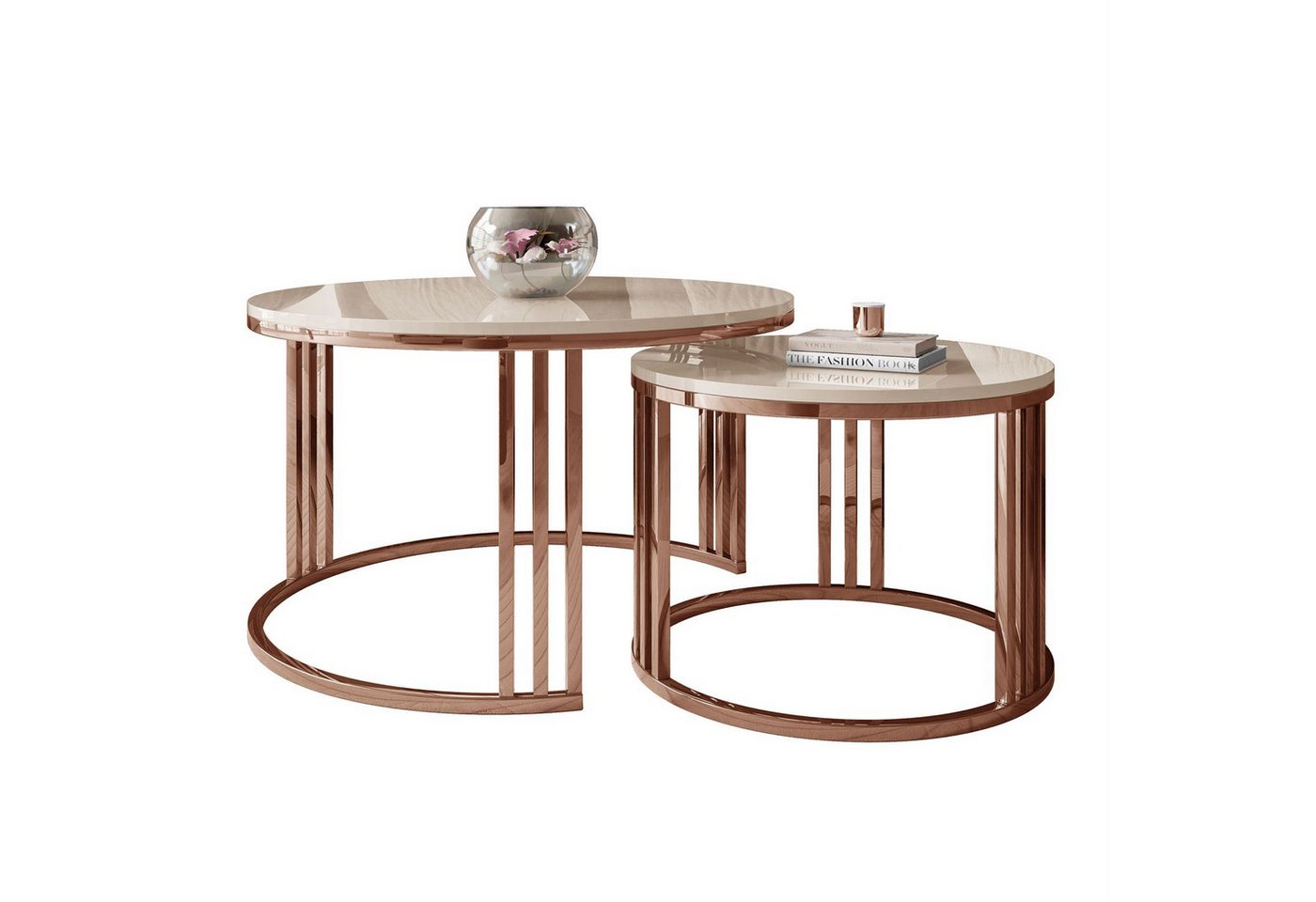 Lookway Couchtisch LORI 2in1 Couchtisch-Set in Hochglanz mit Kupfergestell (2er Set), Durchmesser: ⌀70 cm und ⌀50 cm von Lookway