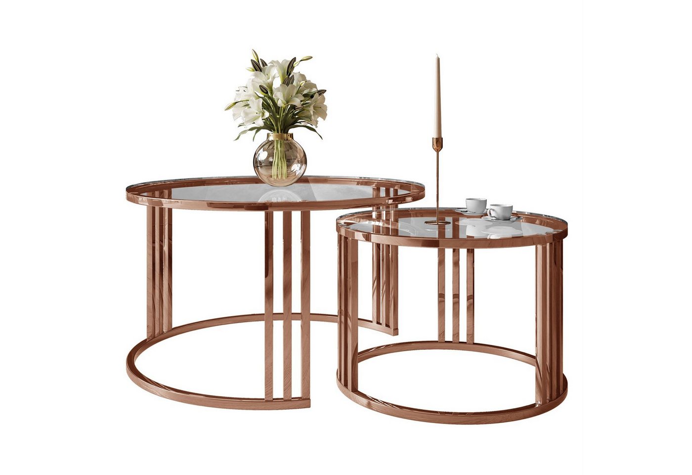 Lookway Couchtisch LORI 2in1 GLASS Couchtisch-Set mit Kupfergestell (2er Set), Durchmesser: ⌀70 cm und ⌀50 cm von Lookway
