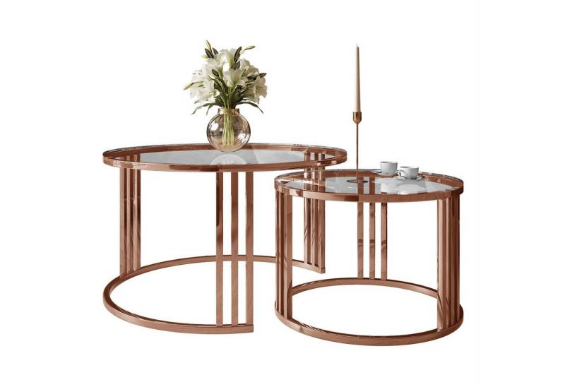 Lookway Couchtisch LORI 2in1 GLASS Couchtisch-Set mit Kupfergestell (2er Set), Durchmesser: ⌀70 cm und ⌀50 cm von Lookway
