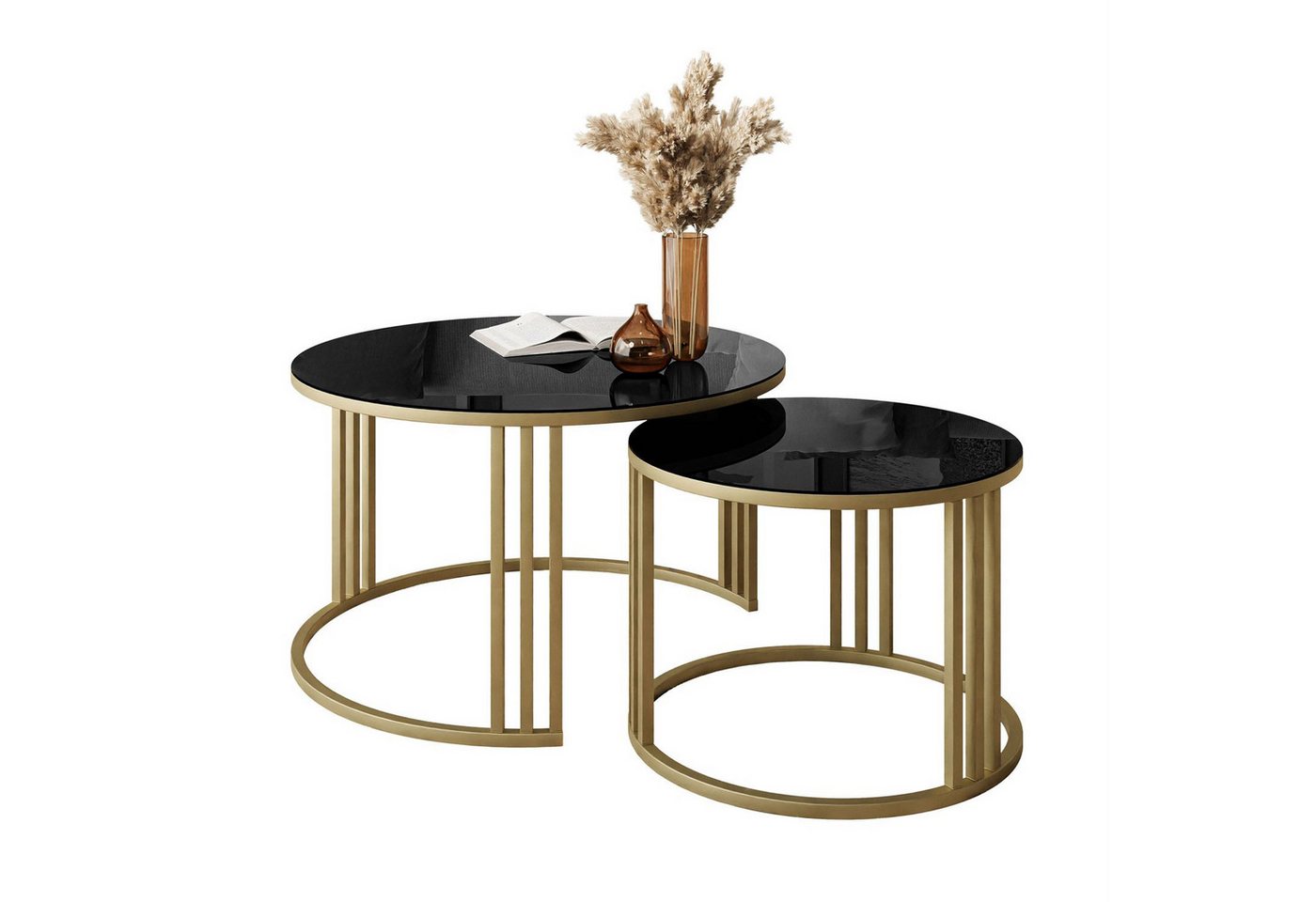 Lookway Couchtisch LORI 2in1 GLASS mit goldenem Gestell (2er Set), Durchmesser: ⌀70 cm und ⌀50 cm von Lookway