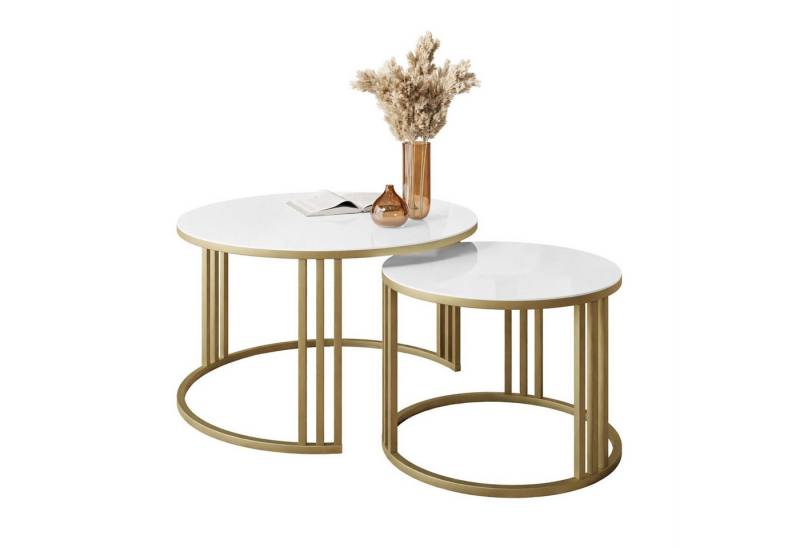 Lookway Couchtisch LORI 2in1 GLASS mit goldenem Gestell (2er Set), Durchmesser: ⌀70 cm und ⌀50 cm von Lookway
