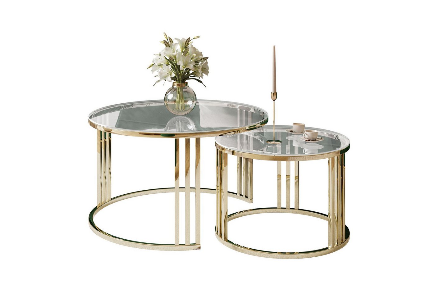 Lookway Couchtisch LORI 2in1 GLASS runder Couchtisch mit gold chrom Gestell (2er Set), Durchmesser: ⌀70 cm und ⌀50 cm von Lookway