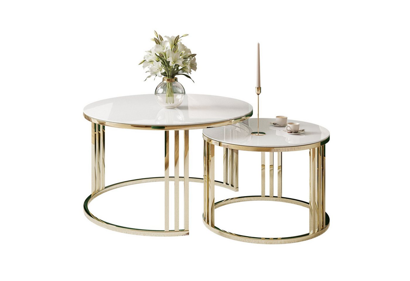 Lookway Couchtisch LORI 2in1 GLASS runder Couchtisch mit gold chrom Gestell (2er Set), Durchmesser: ⌀70 cm und ⌀50 cm von Lookway