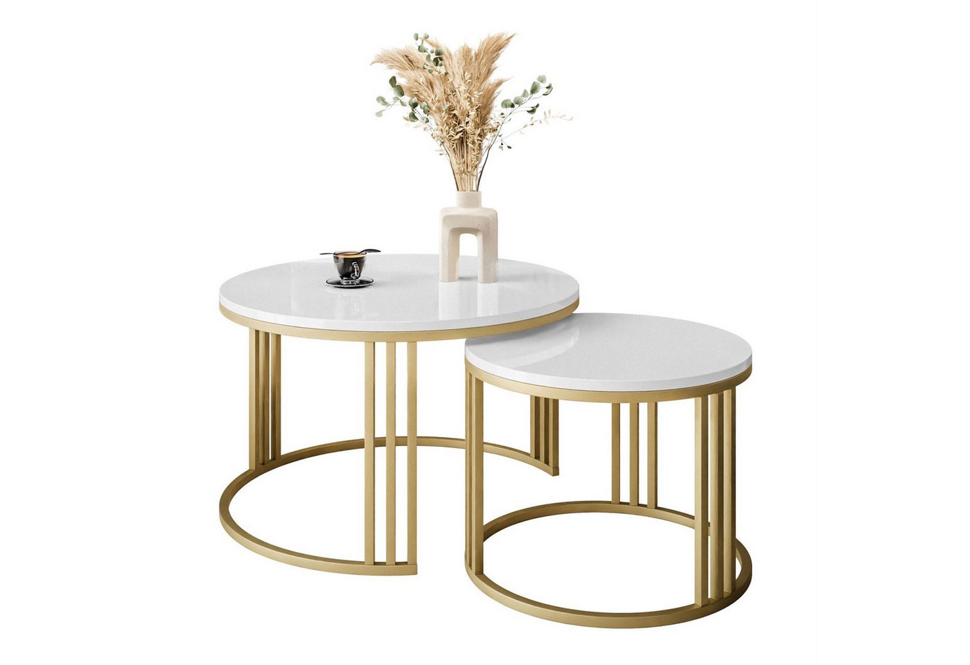 Lookway Couchtisch LORI 2in1 GOLD Runder Couchtisch mit Hochglanz Platte (2er Set), Durchmesser: ⌀70 cm und ⌀50 cm von Lookway