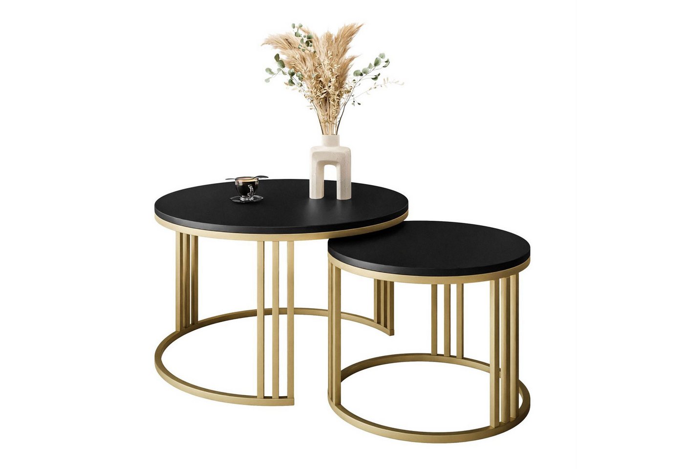 Lookway Couchtisch LORI 2in1 GOLD runder Couchtisch mit mattschwarz Platte (2er Set), Durchmesser: ⌀70 cm und ⌀50 cm von Lookway