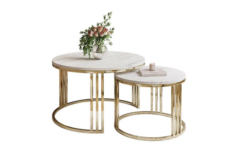 Lookway Couchtisch LORI 2in1 LEVANTO runder Couchtisch mit gold chrom Gestell (2er Set), Durchmesser: ⌀70 cm und ⌀50 cm von Lookway