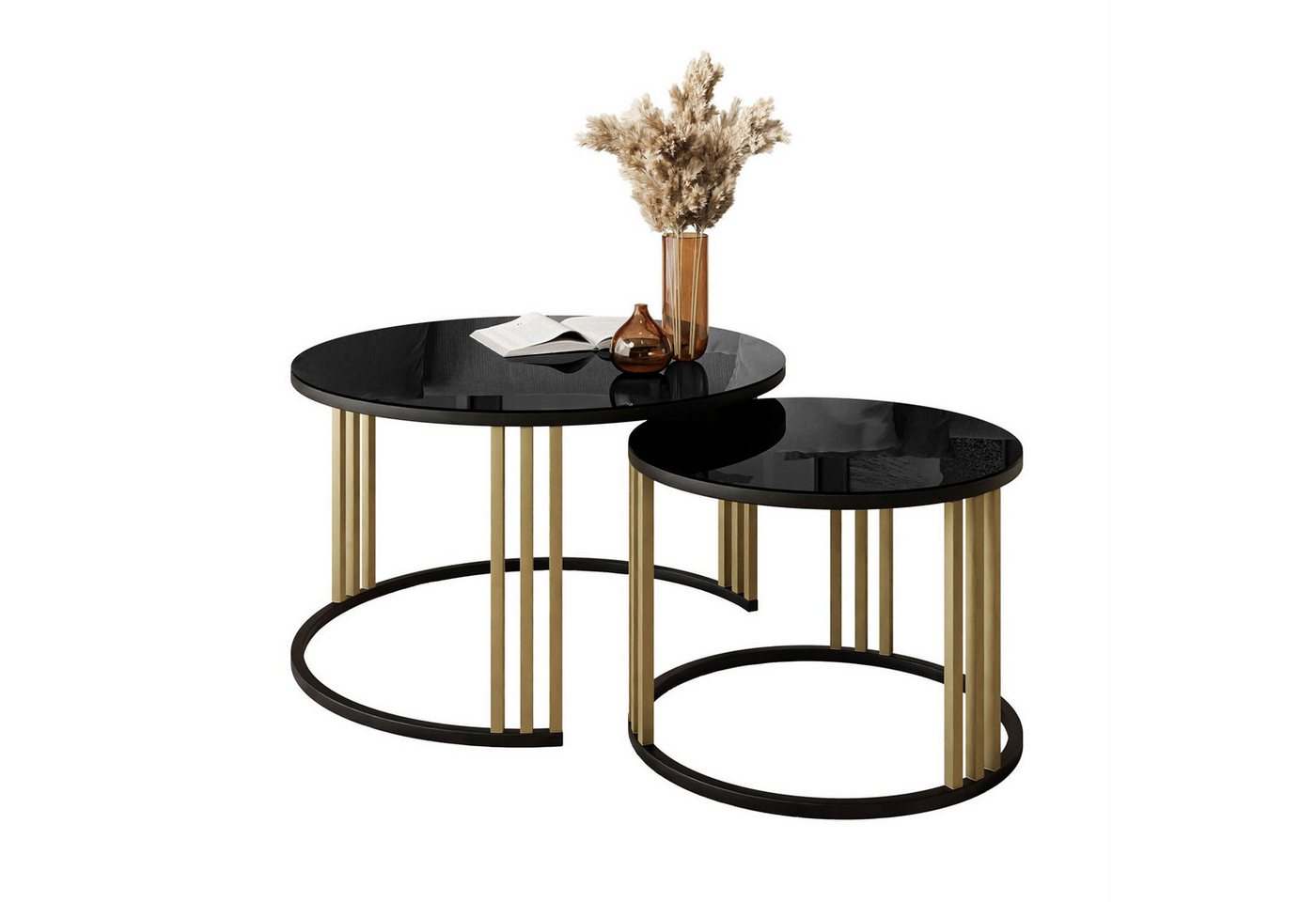 Lookway Couchtisch LORI 2in1 MIX GLASS mit schwarz-goldenem Gestell (2er Set), Durchmesser: ⌀70 cm und ⌀50 cm von Lookway