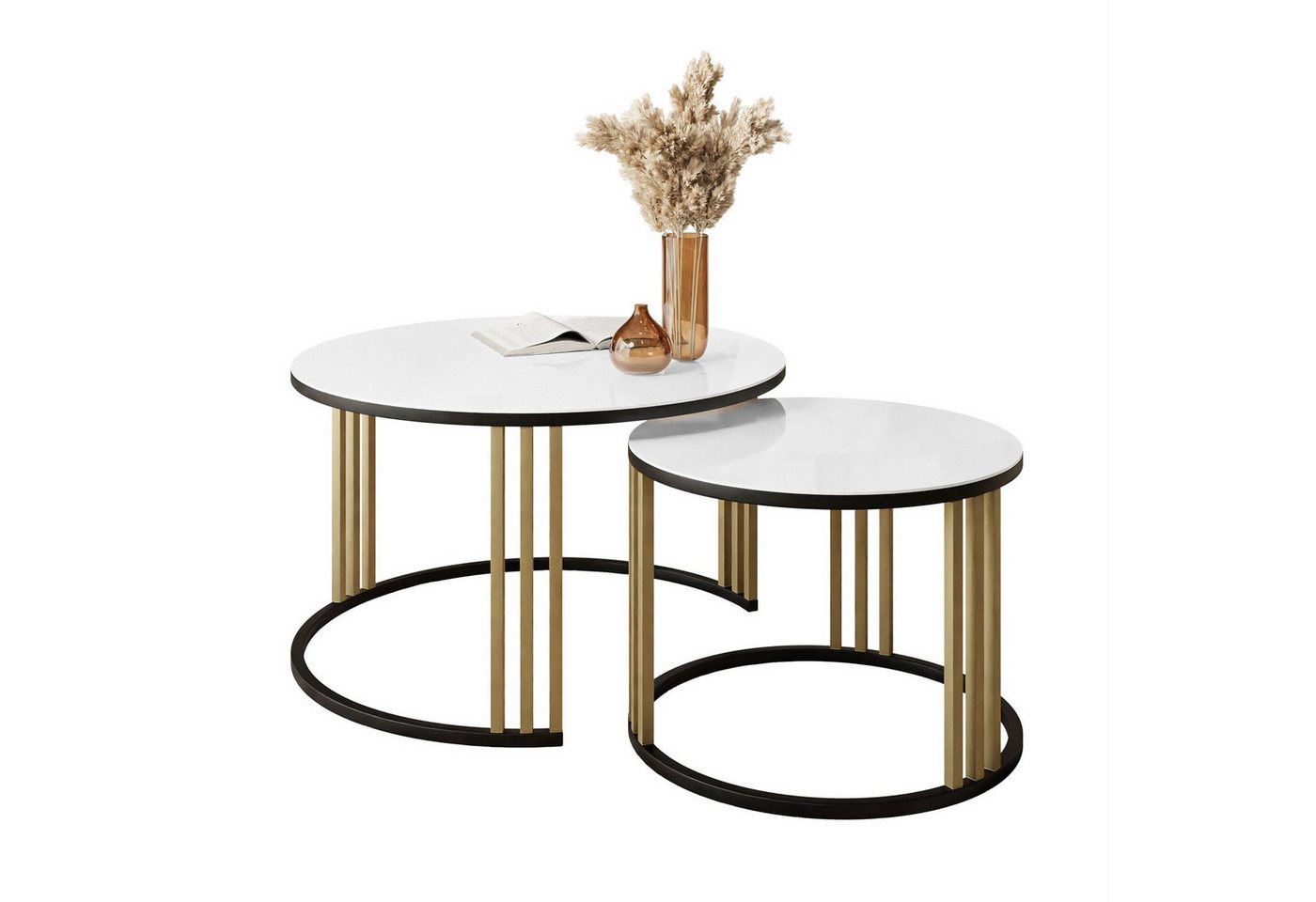 Lookway Couchtisch LORI 2in1 MIX GLASS mit schwarz-goldenem Gestell (2er Set), Durchmesser: ⌀70 cm und ⌀50 cm von Lookway