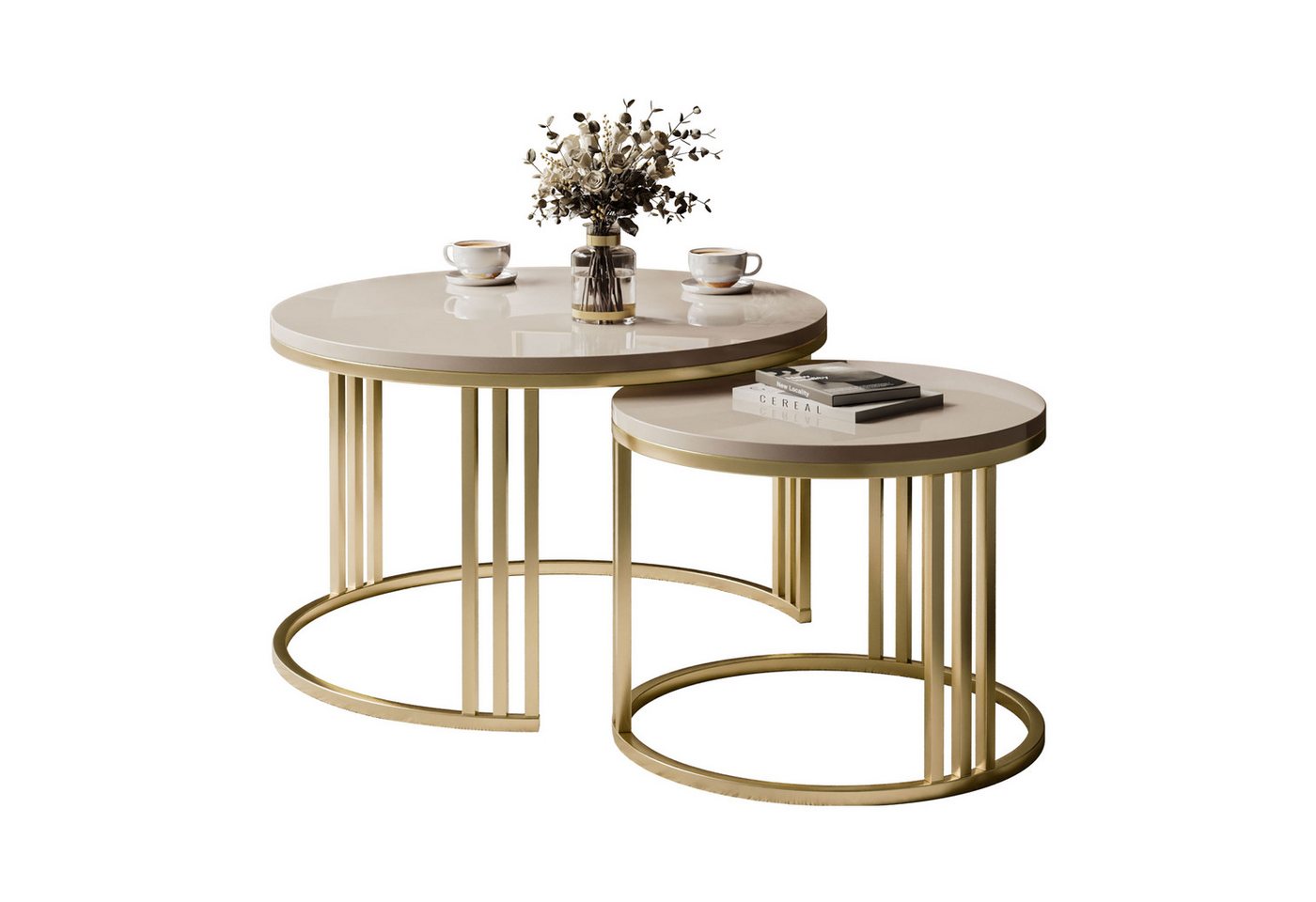 Lookway Couchtisch LORI 2in1 in HOCHGLANZ auf einem gebürsteten goldfarbenen Gestell (2er Set), Durchmesser: ⌀70 cm und ⌀50 cm von Lookway