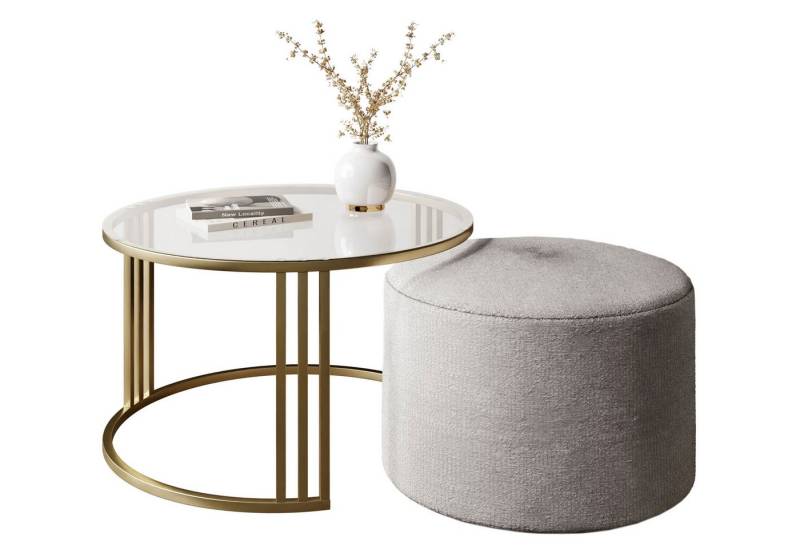 Lookway Couchtisch LORI GLASSS mit Hocker auf einem gebürsteten goldenen Gestell (1 Tisch mit Hocker), Durchmesser: ⌀70 cm von Lookway