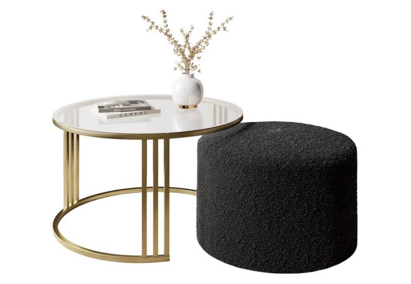 Lookway Couchtisch LORI GLASSS mit Hocker auf einem gebürsteten goldenen Gestell (1 Tisch mit Hocker), Durchmesser: ⌀70 cm von Lookway