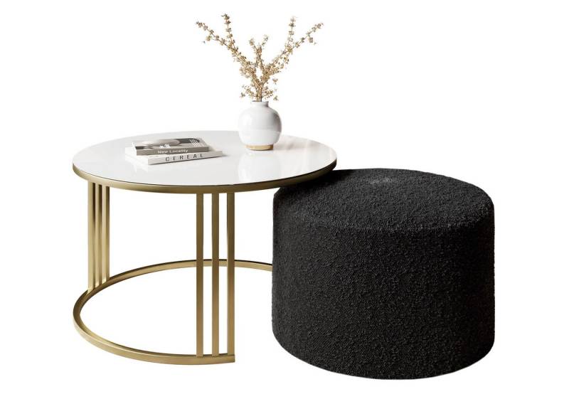 Lookway Couchtisch LORI GLASSS mit Hocker auf einem gebürsteten goldenen Gestell (1 Tisch mit Hocker), Durchmesser: ⌀70 cm von Lookway