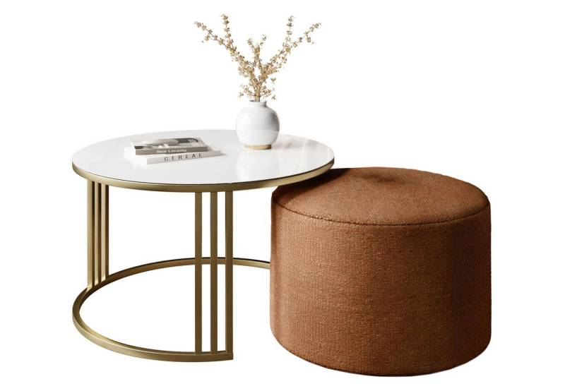 Lookway Couchtisch LORI GLASSS mit Hocker auf einem gebürsteten goldenen Gestell (1 Tisch mit Hocker), Durchmesser: ⌀70 cm von Lookway