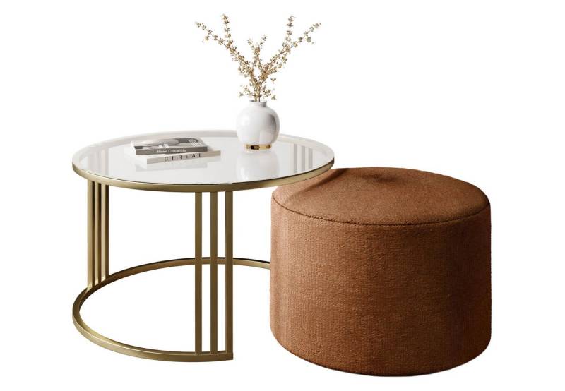 Lookway Couchtisch LORI GLASSS mit Hocker auf einem gebürsteten goldenen Gestell (1 Tisch mit Hocker), Durchmesser: ⌀70 cm von Lookway