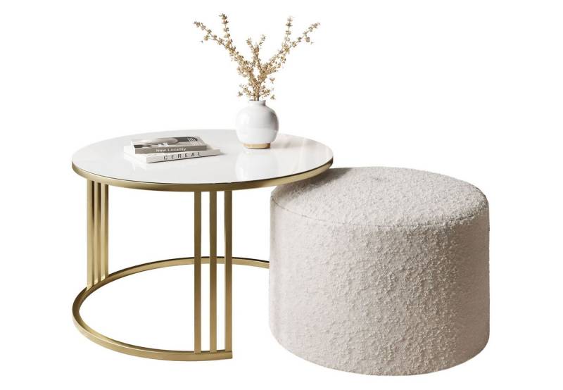 Lookway Couchtisch LORI GLASSS mit Hocker auf einem gebürsteten goldenen Gestell (1 Tisch mit Hocker), Durchmesser: ⌀70 cm von Lookway