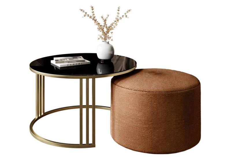 Lookway Couchtisch LORI GLASSS mit Hocker auf einem gebürsteten goldenen Gestell (1 Tisch mit Hocker), Durchmesser: ⌀70 cm von Lookway