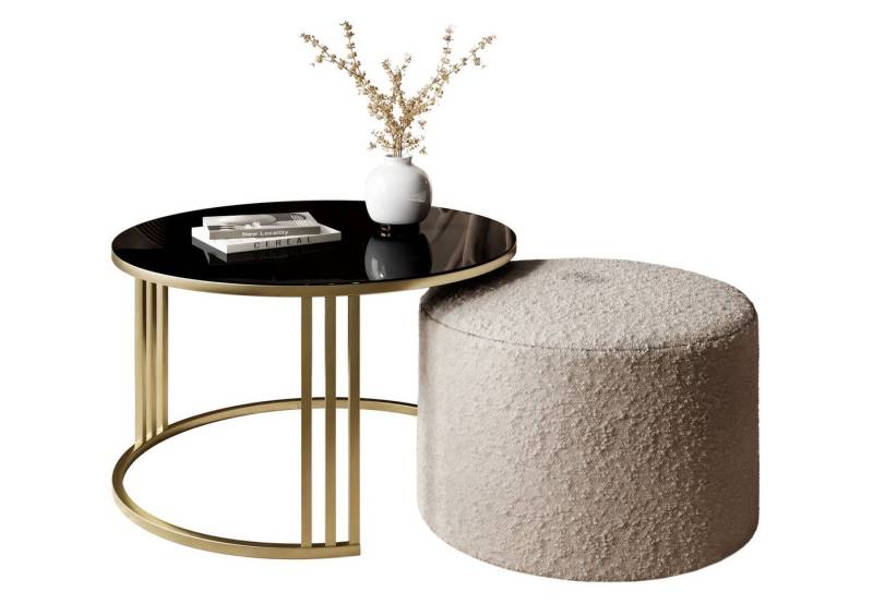 Lookway Couchtisch LORI GLASSS mit Hocker auf einem gebürsteten goldenen Gestell (1 Tisch mit Hocker), Durchmesser: ⌀70 cm von Lookway
