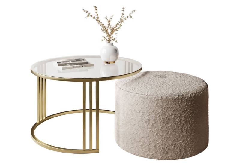 Lookway Couchtisch LORI GLASSS mit Hocker auf einem gebürsteten goldenen Gestell (1 Tisch mit Hocker), Durchmesser: ⌀70 cm von Lookway