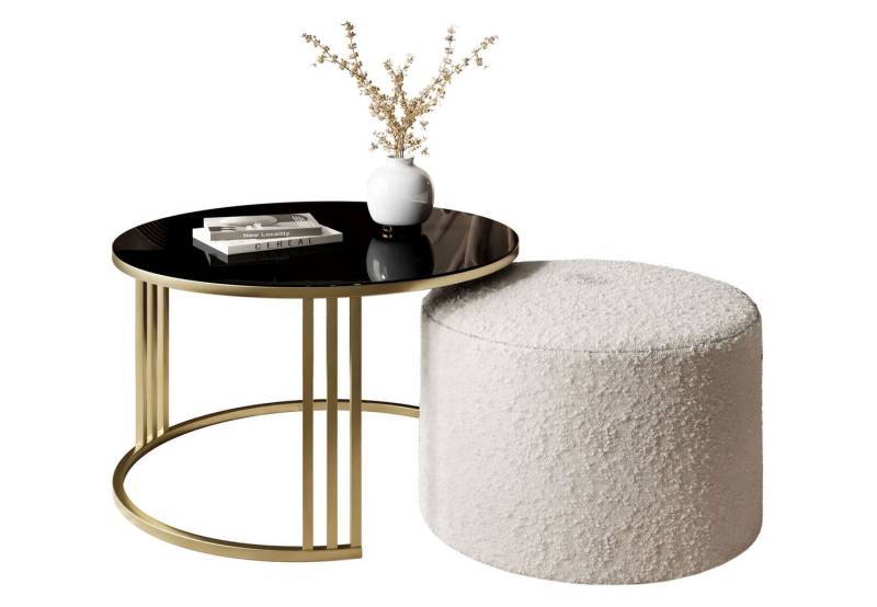 Lookway Couchtisch LORI GLASSS mit Hocker auf einem gebürsteten goldenen Gestell (1 Tisch mit Hocker), Durchmesser: ⌀70 cm von Lookway