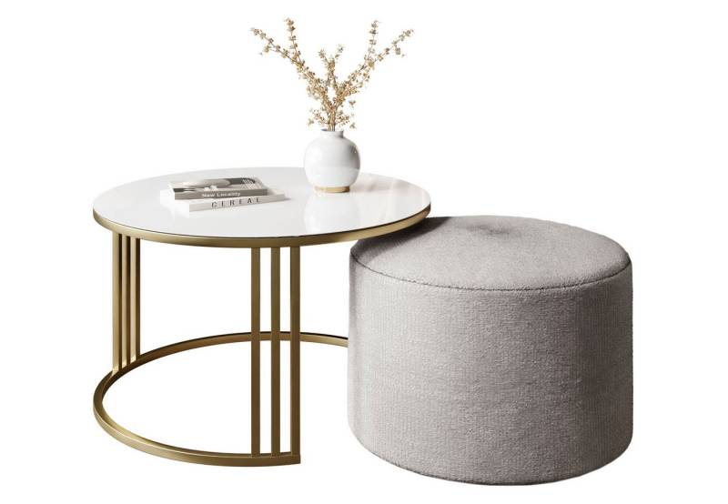 Lookway Couchtisch LORI GLASSS mit Hocker auf einem gebürsteten goldenen Gestell (1 Tisch mit Hocker), Durchmesser: ⌀70 cm von Lookway