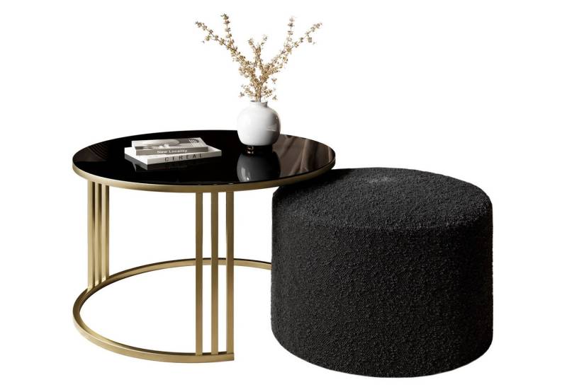 Lookway Couchtisch LORI GLASSS mit Hocker auf einem gebürsteten goldenen Gestell (1 Tisch mit Hocker), Durchmesser: ⌀70 cm von Lookway