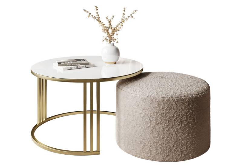 Lookway Couchtisch LORI GLASSS mit Hocker auf einem gebürsteten goldenen Gestell (1 Tisch mit Hocker), Durchmesser: ⌀70 cm von Lookway