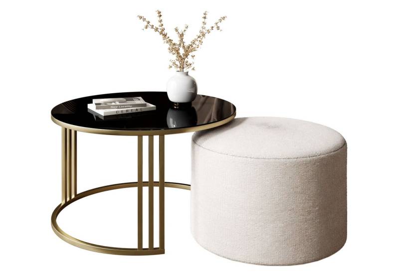Lookway Couchtisch LORI GLASSS mit Hocker auf einem gebürsteten goldenen Gestell (1 Tisch mit Hocker), Durchmesser: ⌀70 cm von Lookway
