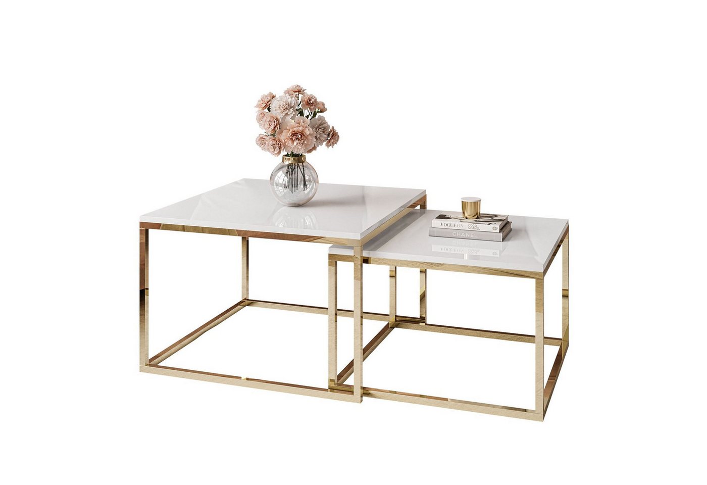 Lookway Couchtisch YOSHI 2in1 mit Goldenem Chromgestell (2er-Set), Breite: 70 cm und 60 cm von Lookway