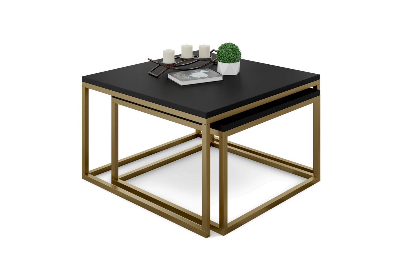 Lookway Couchtisch YOSHI 2in1 mit matt schwarze Platte auf mattem Goldgestell (2er-Set), Breite: 70 cm und 60 cm von Lookway