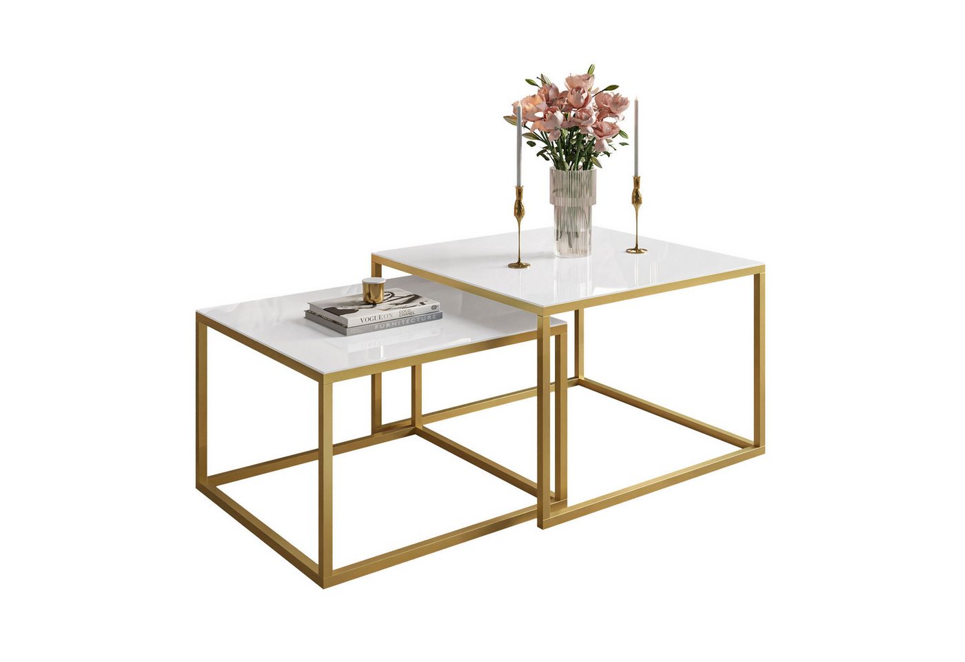 Lookway Couchtisch YOSHI GLASS 2in1 mit Glasplatte, Gestell in Gold Matt (2er-Set), Breite: 70 cm und 60 cm von Lookway
