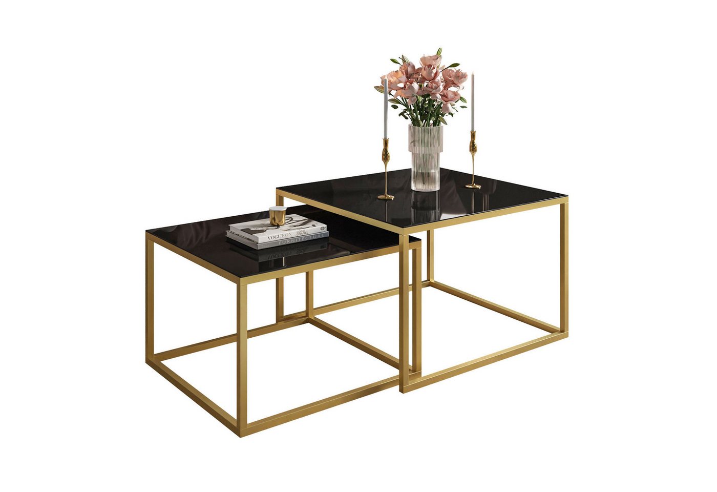 Lookway Couchtisch YOSHI GLASS 2in1 mit Glasplatte, Gestell in Gold Matt (2er-Set), Breite: 70 cm und 60 cm von Lookway