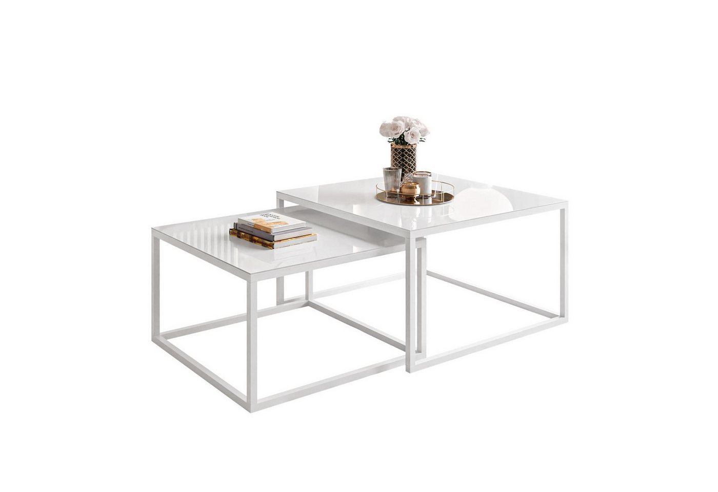 Lookway Couchtisch YOSHI GLASS 2in1 mit schwarzem und weißem Gestell (2er-Set), Breite: 70 cm und 60 cm von Lookway
